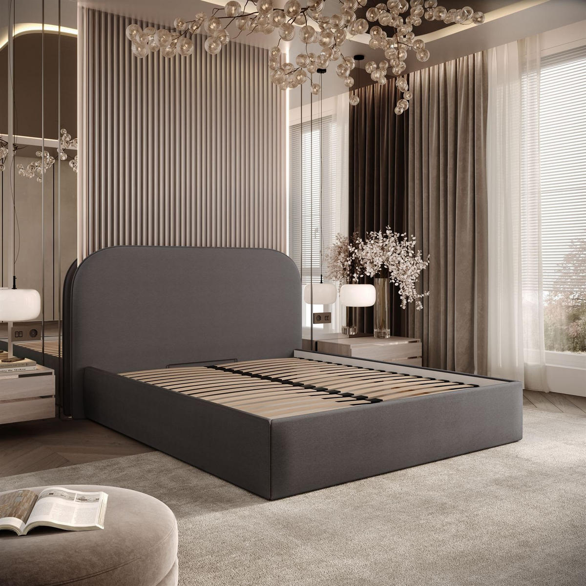 POLSTERBETT OLIMPIA mit Bettkasten 180x200, Castel 93 - Dunkelgrau, Textil (180/200cm) - Lookway
