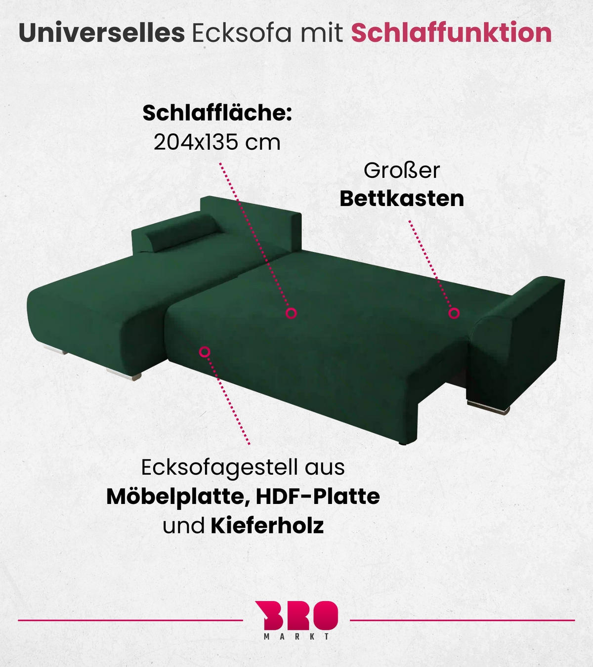 ECKSOFA Sydney mit Schlaffunktion Grün Plüsch - Grün, Textil (280/184cm) - Bromarkt