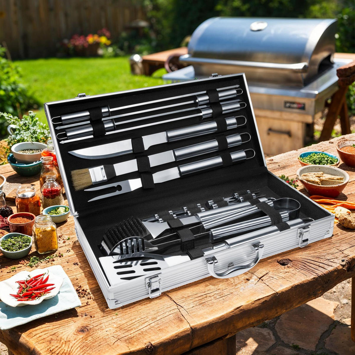 GRILLBESTECK ,inklusive Aluminiumkoffer,grau - Grau, Metall (47cm) - tectake