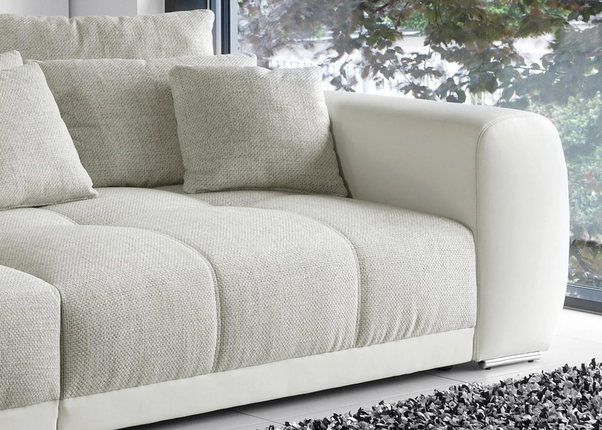 BIG-SOFA Federkern B306/T134/H86 cm, Liegefläche 120x240 cm, Korpus Kunstleder Weiß+Bezug Web-Strukturstoff Grau Beige / 15113 - Chromfarben/Graubraun, Textil/Metall (306/86/134cm) - luma-home