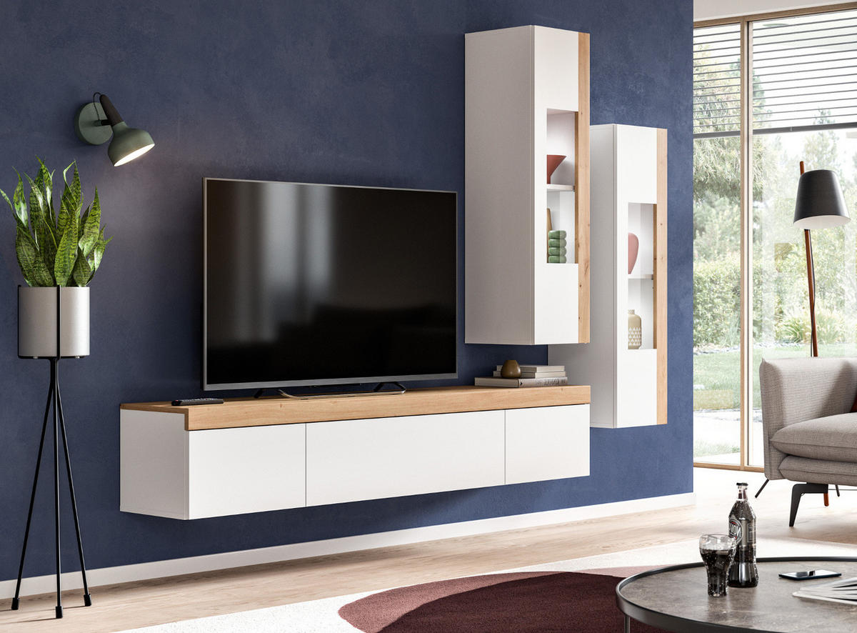 WOHNWAND 3-teilig weiß und Eiche 270 cm, Schrankwand stehend/hängend - Schwarz/Weiß, Glas/Holzwerkstoff (270/181/33cm) - Inn.Furn