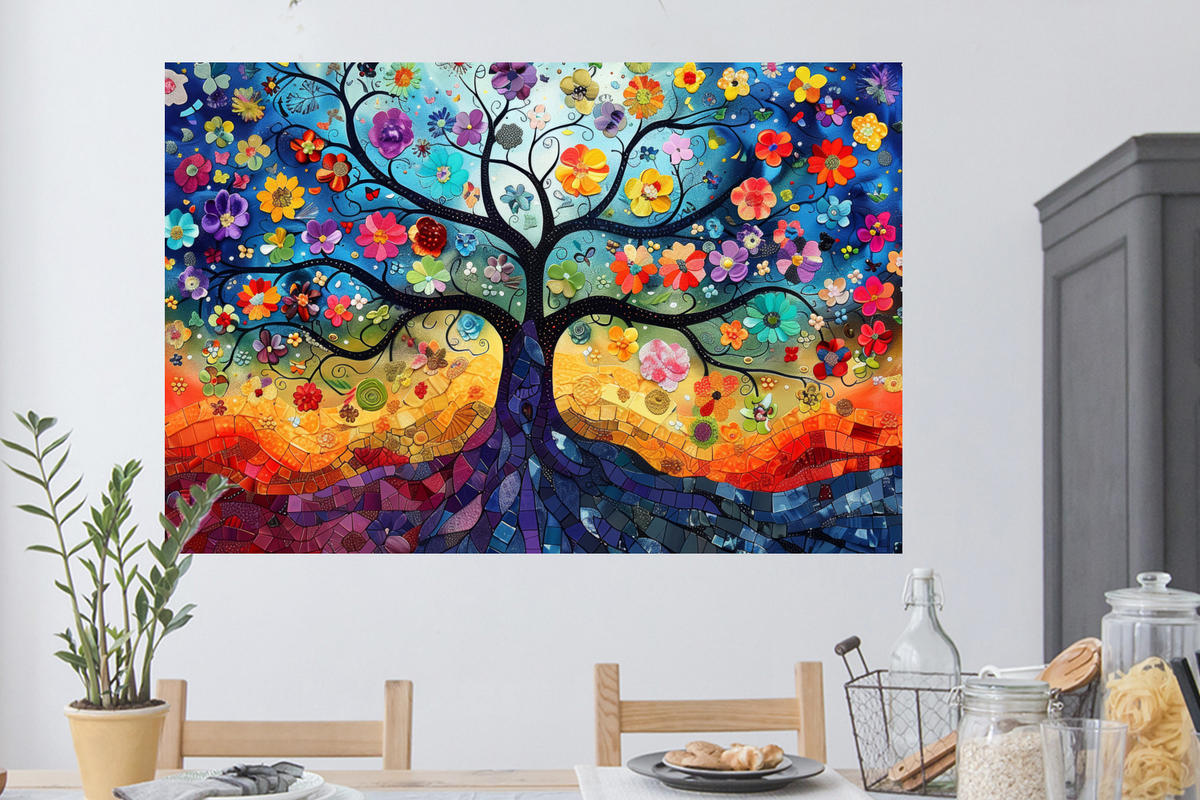 WANDTATTOO Kunst - Baum des Lebens - Blumen - Hippie 120x80 cm - Dunkelblau, Kunststoff (120/80/0.1cm) - MuchoWow