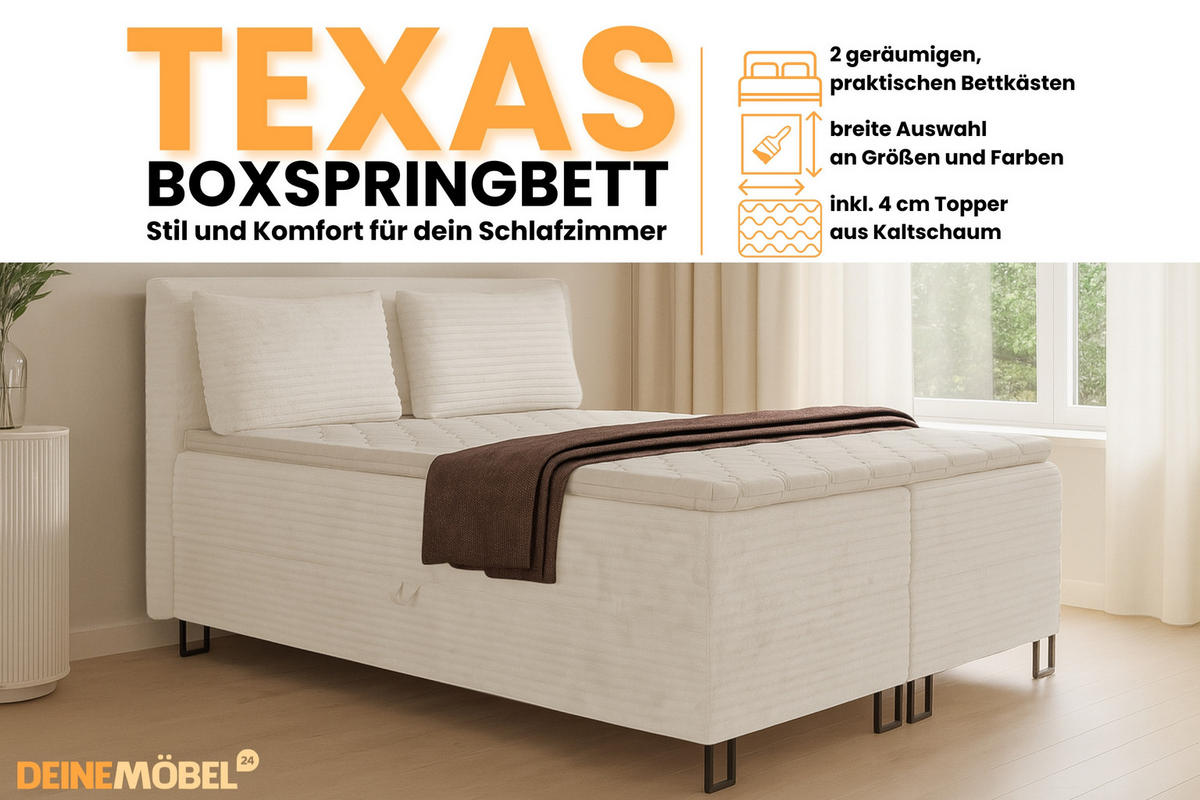 BOXBETT TEXAS 140/200 in Cord Creme mit Bonell-Federkernmatratzen H3 - Creme, Holz/Holzwerkstoff (140/200cm) - Deine Möbel 24