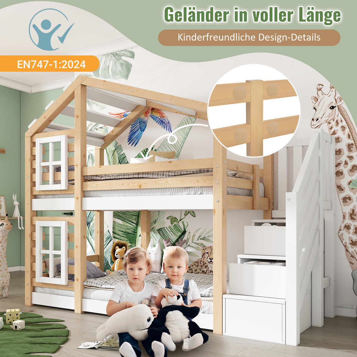HAUSBETT 90/200 cm Natur & Weiß aus Kiefer-Massivholz und MDF mit Stauraum - Naturfarben, Holzwerkstoff (90/200cm) - OKMYHOME