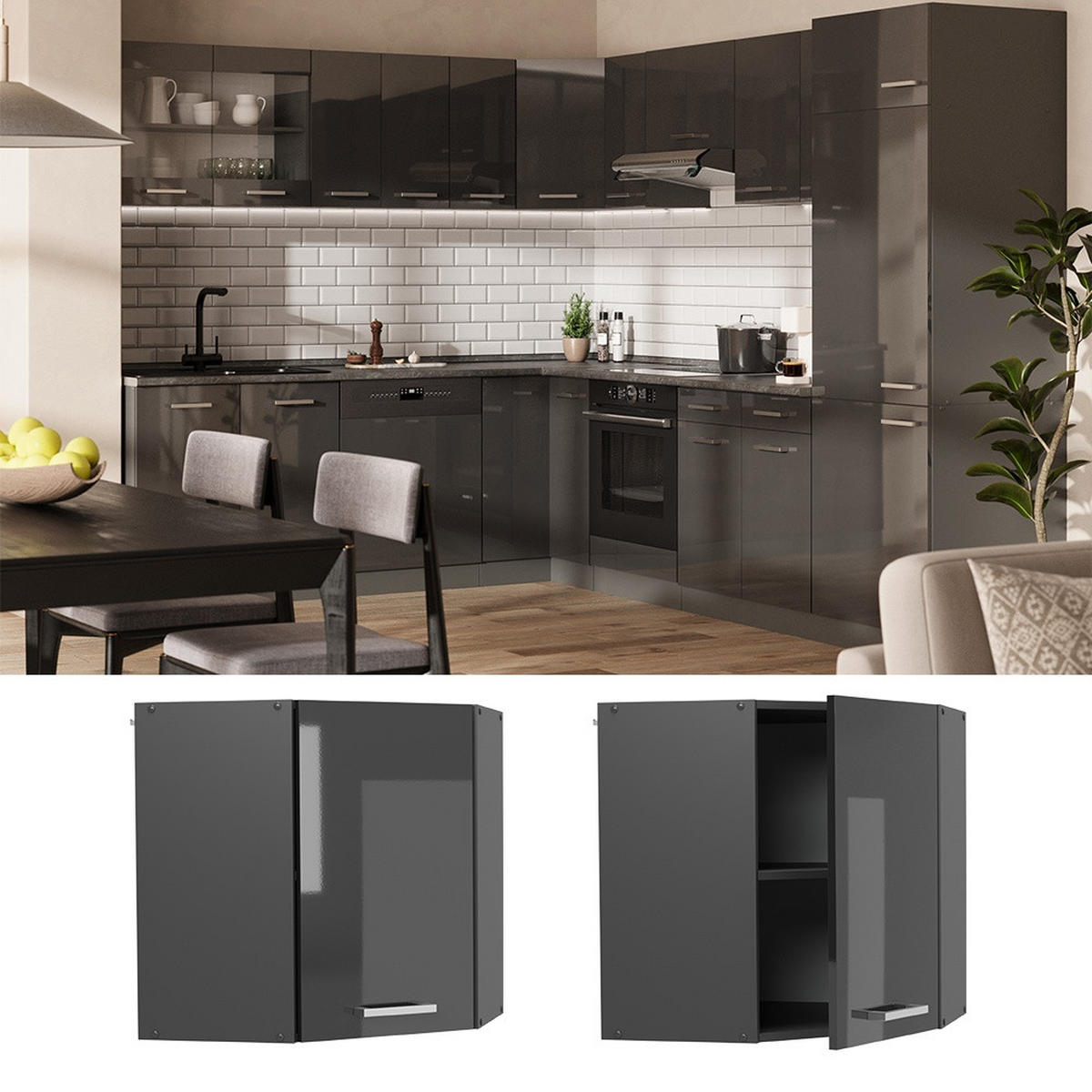ECKHÄNGESCHRANK R-Line Anthrazit Hochglanz 57 cm - Schwarz Hochglanz/Anthrazit, Holzwerkstoff (57/60/34.1cm) - Vicco