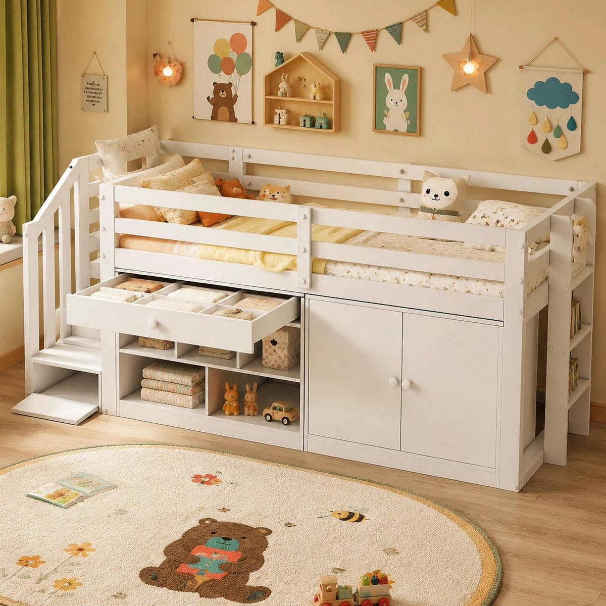 KINDERBETT 90/200 cm in Weiß mit Treppe, Stauraum und Schreibtisch Massivholz - Weiß, Holz/Holzwerkstoff (90/200cm) - CHICFURN