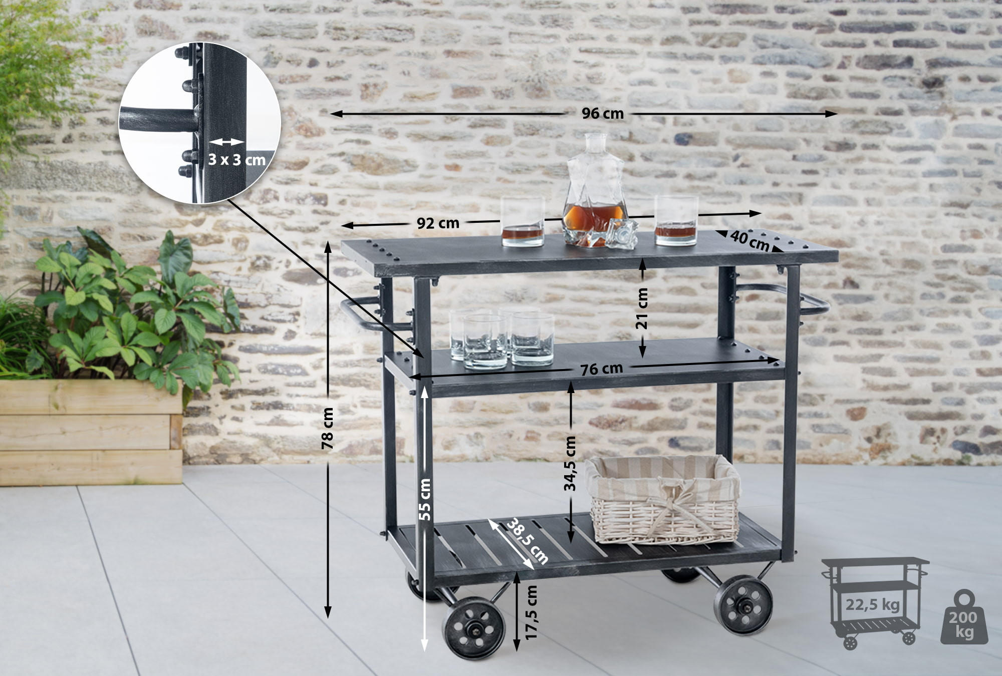 SERVIERWAGEN Metall antik silber - Silberfarben, Metall (96/78/40cm) - CLP