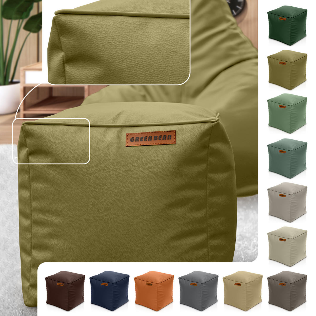 INDOOR HOCKER Cube eckig Kunstleder - Grün, Textil (40/40/40cm) - Green Bean