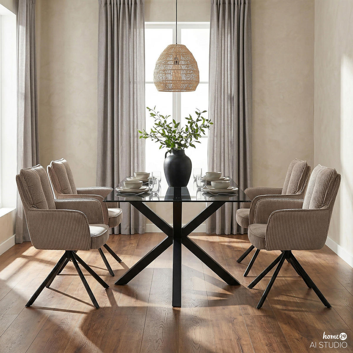 DREHBARER ARMLEHNENSTUHL - 2er-Set - Schwarz/Cappuccino, Textil/Metall (62/95/67cm) - home24