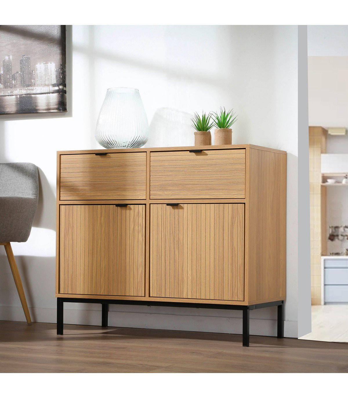 KOMMODE mit 2 Türen, 2 Schubladen, Rillenfronten - L90 x H79 cm - Eichefarben, Holzwerkstoff (39/79/90cm) - Calicosy