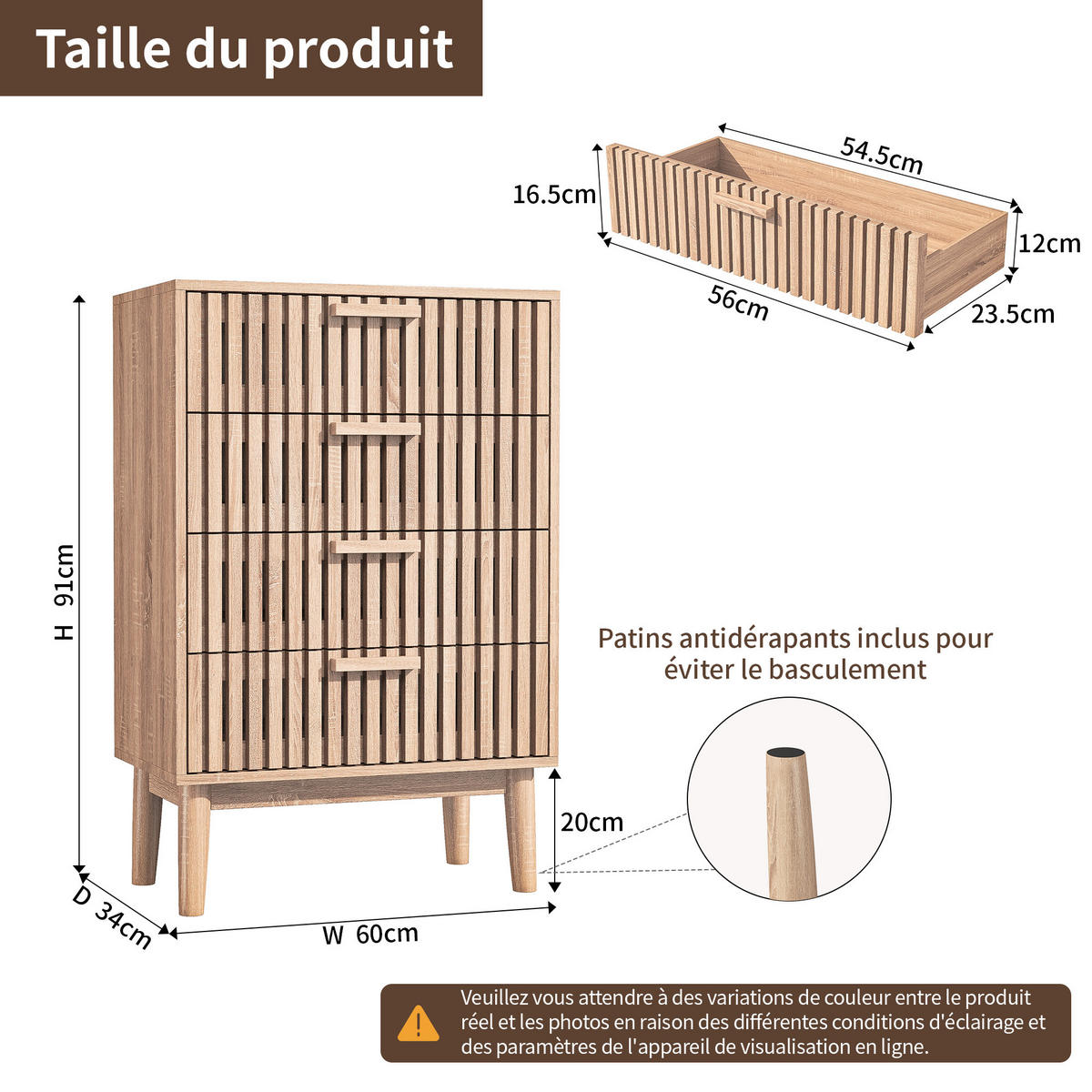 KOMMODE 60 cm, 4 Schubladen, gerillte Front, Holzoptik - Kastanienfarben, Holz (60/91/34cm)