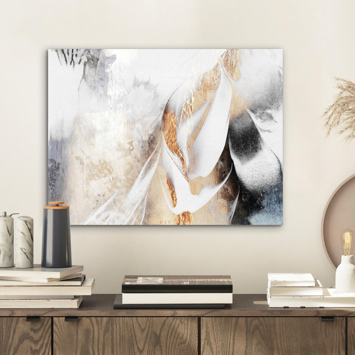KOVOVÝ OBRAZ Luxusné - abstraktné - zlaté - biele 40x30 cm - zlatá, kov (40/30cm) - MuchoWow