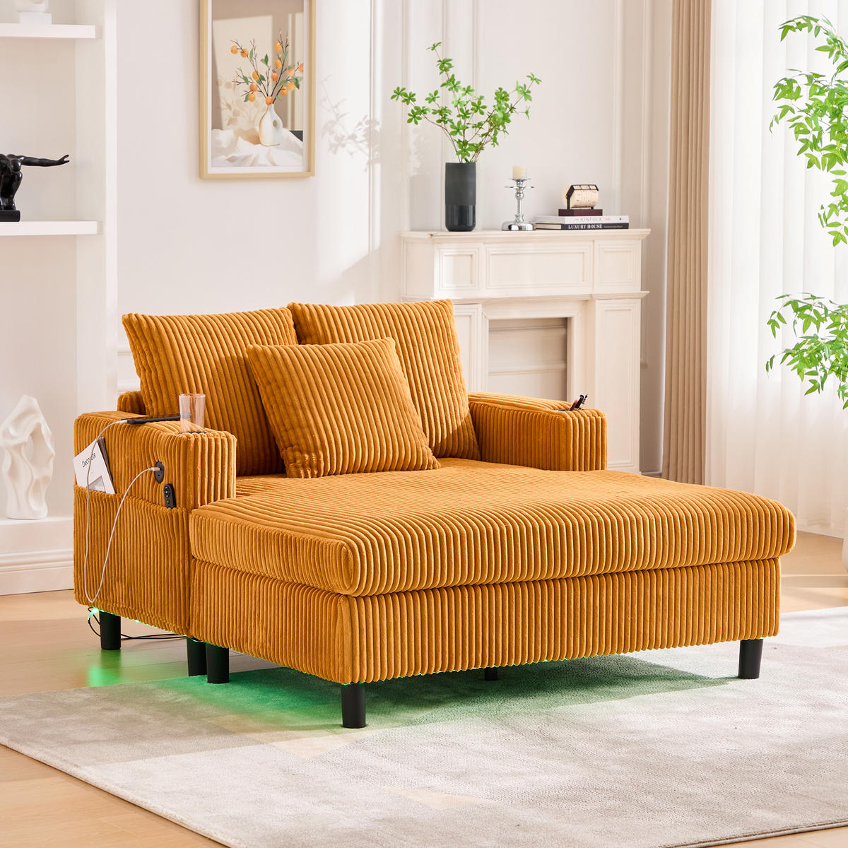 LIEGESTUHL mit LED-Stimmungsbeleuchtung，Cordstoff- Senfgelb - Gelb, Textil (142/85/128cm) - KOMHTOM