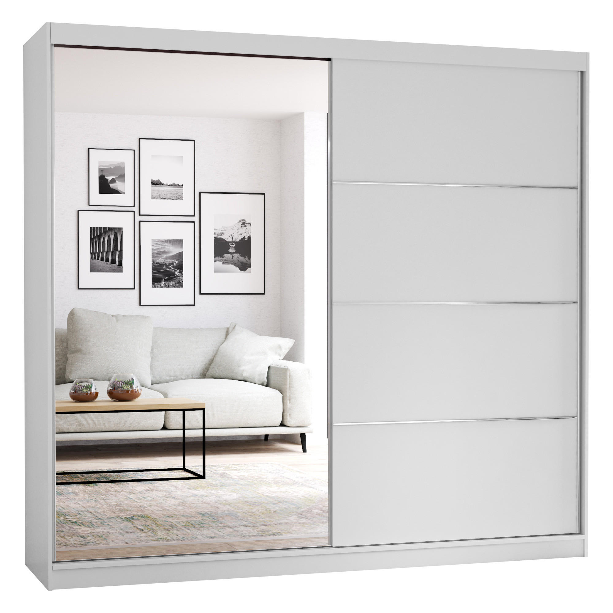 SCHWEBETÜRENSCHRANK Multi 42 Weiß/Weiß + Spiegel mit LED Beleuchtung 203 cm - Alufarben/Weiß, Glas/Holzwerkstoff (203/218/61cm) - imoebel24
