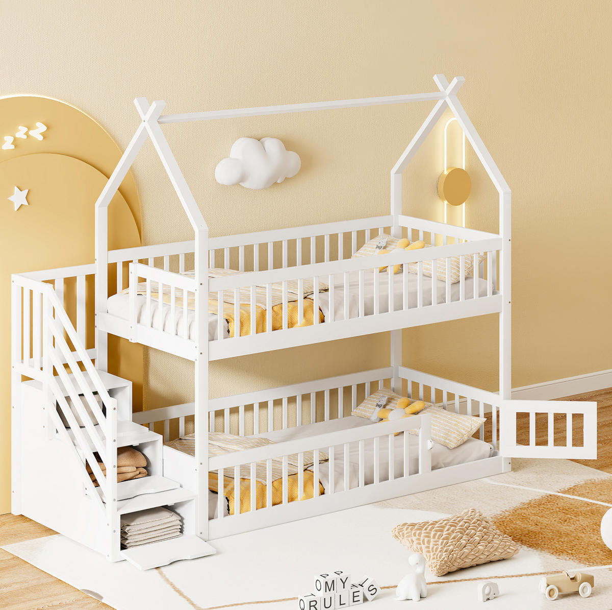 ETAGENBETT 90/200 cm weiß aus Kiefernholz mit Dach und Treppe - Weiß, Holzwerkstoff (90/200cm) - OKWISH