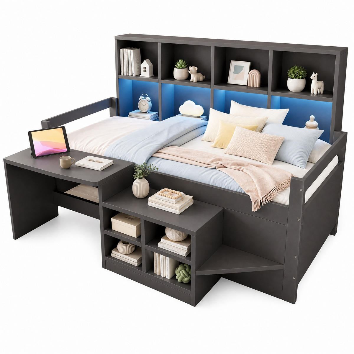 HOCHBETT 90/200 cm in Grau mit Schreibtisch, Stauraum und LED - Grau, Holz/Holzwerkstoff (90/200cm) - CHICFURN