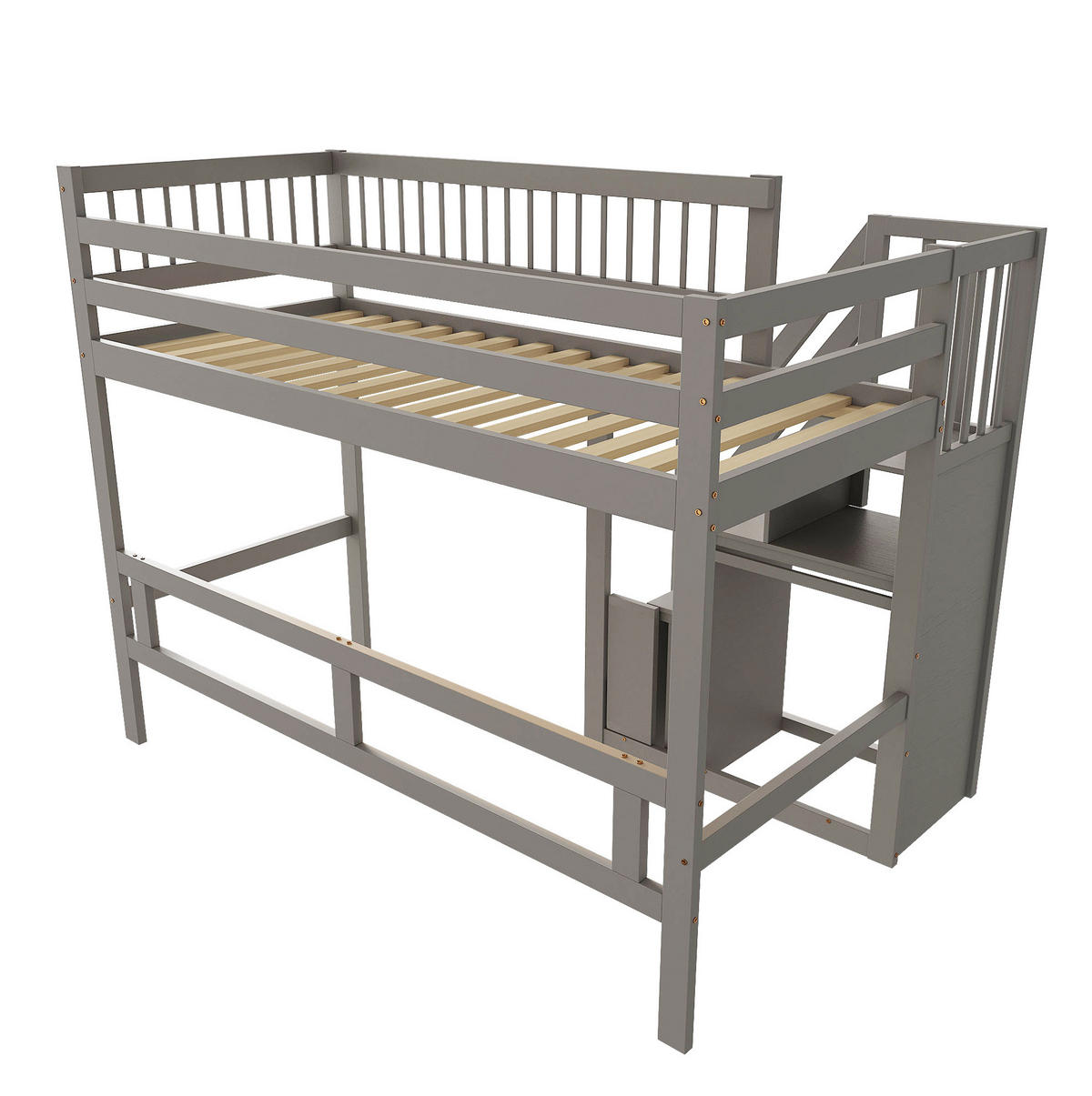 VYSOKÁ postel 90/200 cm šedá s úložnými schody z masivního dřeva - šedá, kompozitní dřevo (90/200cm) - OKWISH