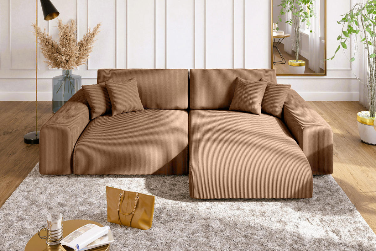 ECKSOFA mit Schlaffunktion, Bettkasten, Wellenunterfederung, seitenverkehrt montierbar B255/T165/H84 cm, Liegefl. 148x196 cm, Cord Hell-Braun / 21002 - Hellbraun/Schwarz, Kunststoff/Textil (255/165cm) - luma-home