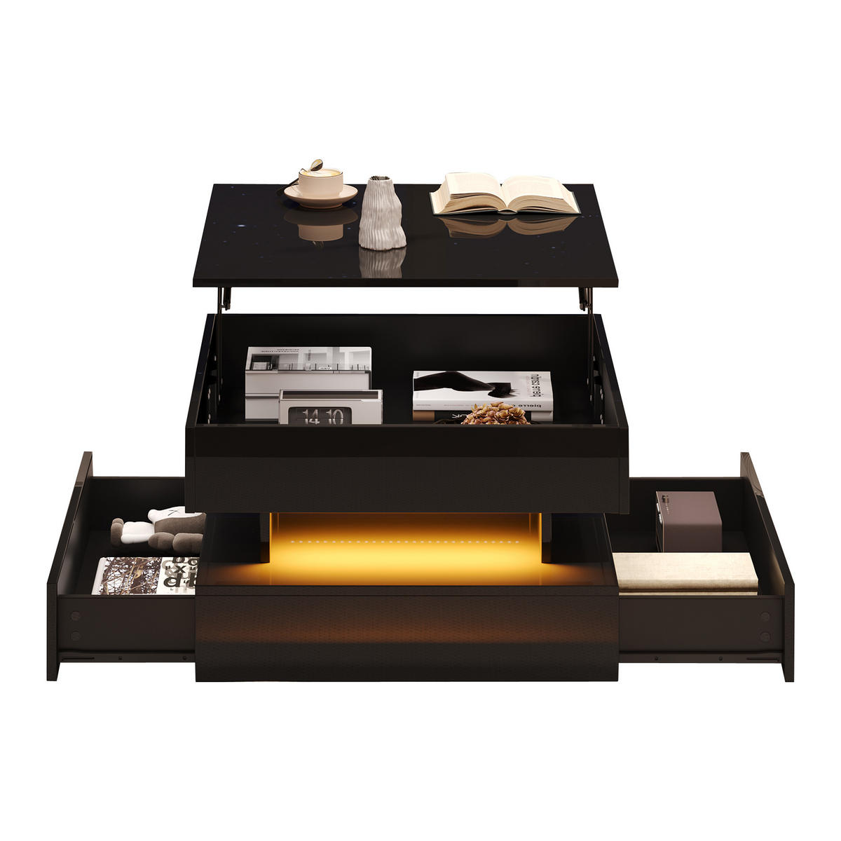 COUCHTISCH 65/65/38,5 cm hochglänzend mit LED-Beleuchtung und 2 Schubladen - Schwarz, Holzwerkstoff (65/65/38.5cm) - OKWISH