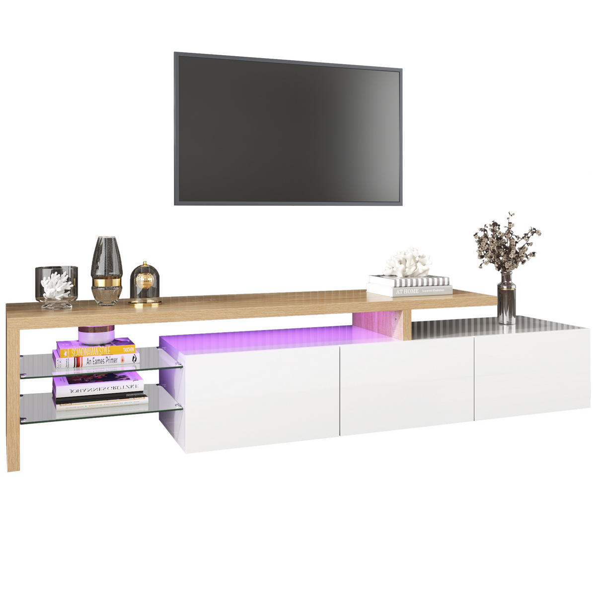 LOWBOARD 197,5/39/42 cm aus MDF und Glas mit LED-Beleuchtung und 3 Schrankfächern Weiß/Natur - Weiß, Holzwerkstoff (197.5/42/39cm) - Modenvie