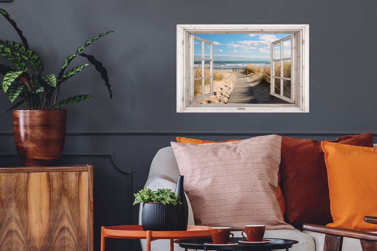 WANDTATTOO Fenster - Meer - Küste - Natur - Ausblick - Strand - Wattenmeer 60x40 cm - Beige, Kunststoff (60/40/0.1cm) - MuchoWow