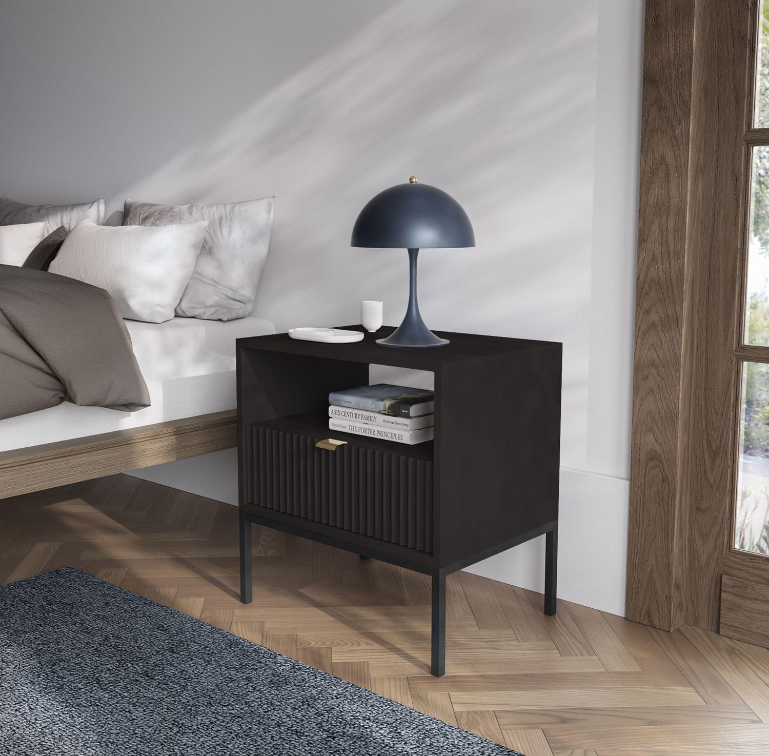 Thumbnail - Feldmann-Wohnen Nachtkonsole, Schwarz, Holz, 1 Fächer, 1 Schubladen, Rechteckig, 54x56x39 cm, Schlafzimmer, Nachttische