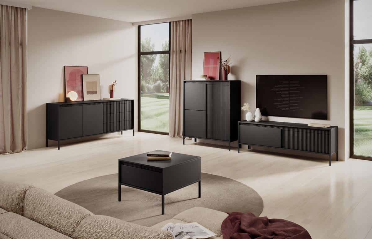 SIDEBOARD Trentinis 2T 3S Schwarz 153,5/81,4/39,5 cm – Geriffelten Fronten - Schwarz, Holzwerkstoff/Metall (153.5/81.4/39.5cm) - AX Living