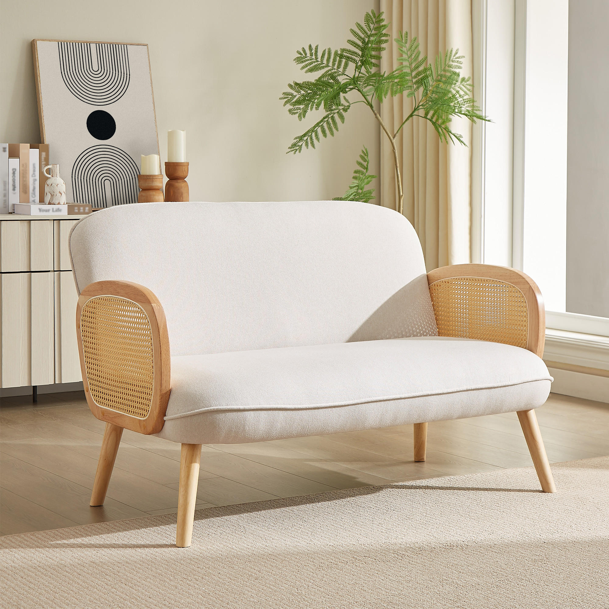 2-SITZER-SOFA Rosi Bohemian aus Korbgeflecht und beigem Leinen - Beige/Akaziefarben, Holz/Holzwerkstoff (125/83/79cm) - Sicaan
