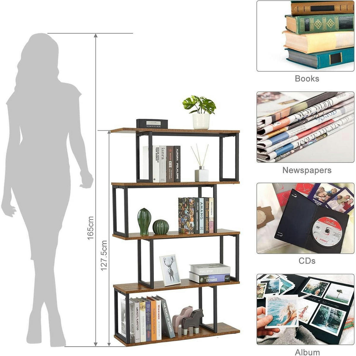 BÜCHERREGAL S-Form Holz Braun 76 x 127.5 cm - Braun, Holzwerkstoff (74/128/24cm)