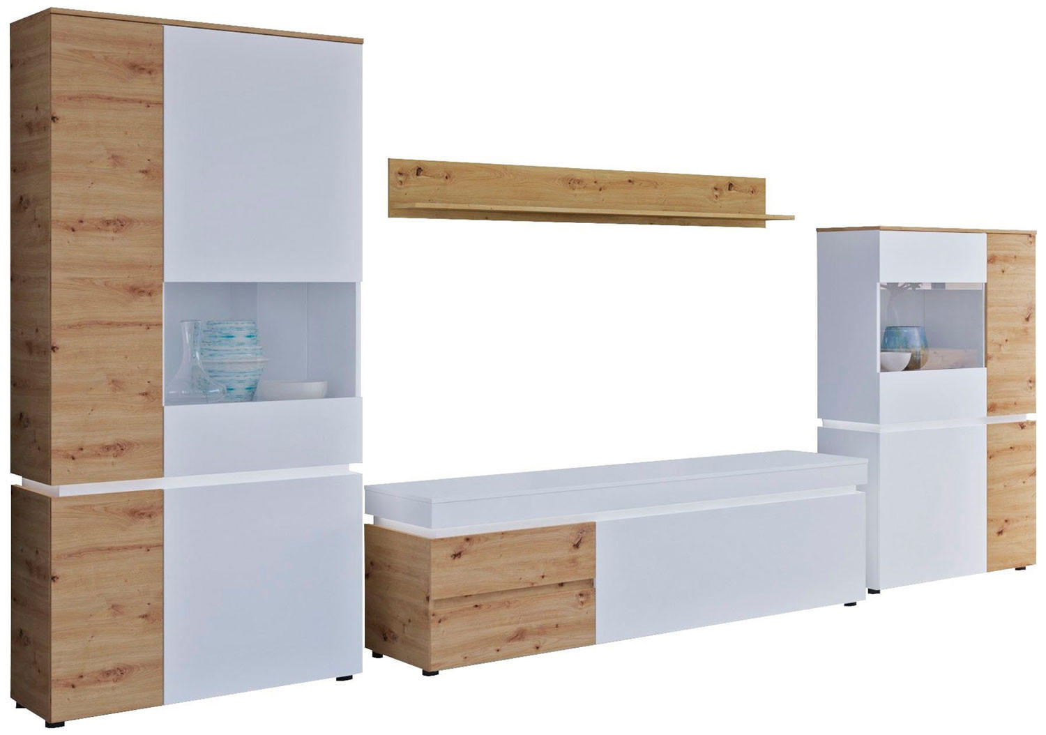 WOHNWAND 4-teilig Eiche Artisan / weiß 361 / 48 / 199cm - Eichefarben/Weiß, Holz/Holzwerkstoff (361/199/48cm) - Feldmann-Wohnen