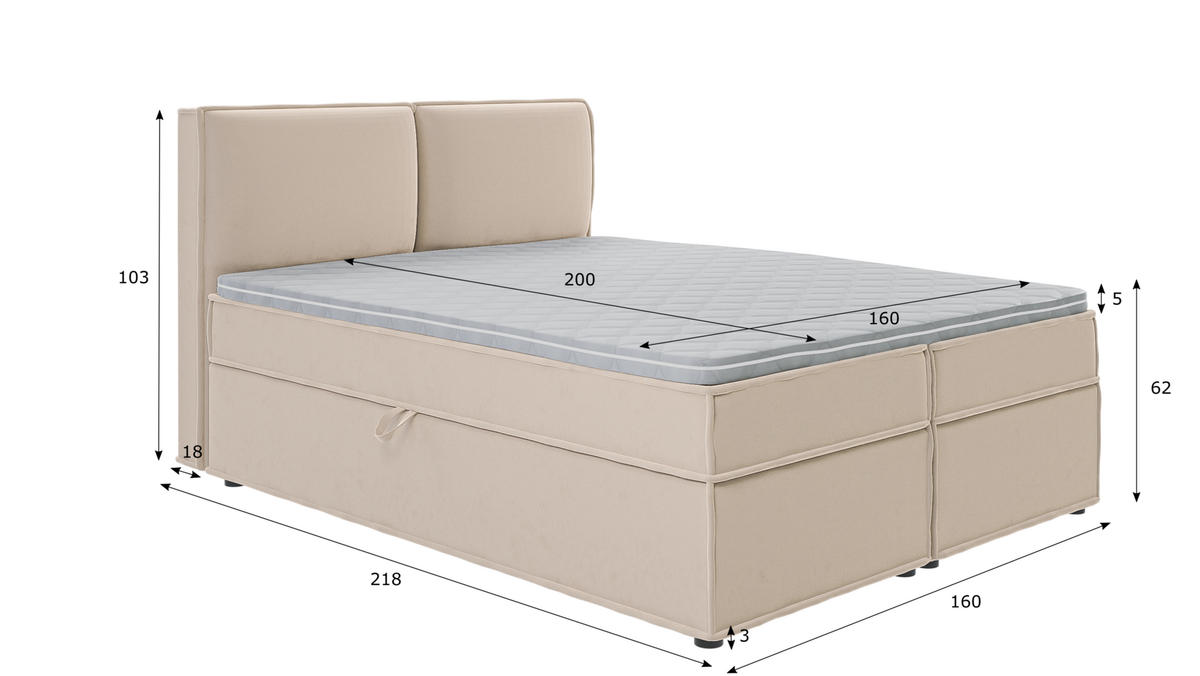 BOXBETT Eclipse 160/200 cm Beige Luxusmicrofaser - Beige/Schwarz, Holz/Kunststoff (160/200cm) - S-Style Möbel