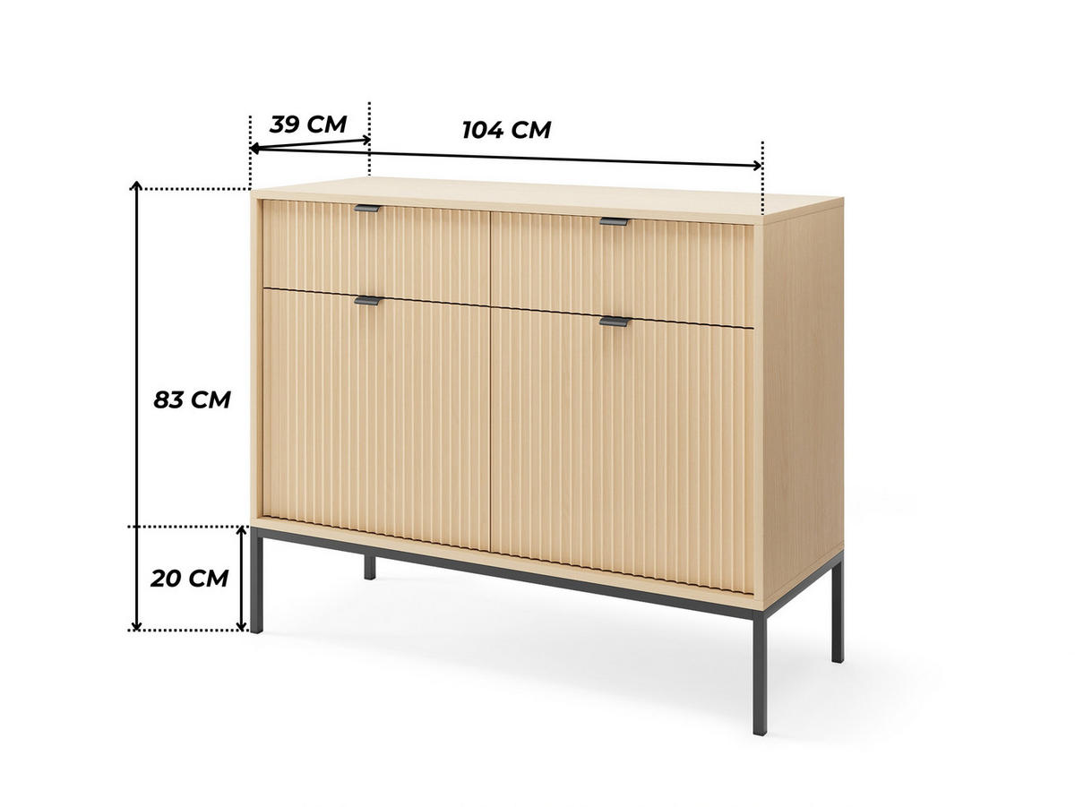MODERNE Geriffelte Kommode KIOTO K2D2SZ (Eiche Vicenza, Schwarzes Gestell, Soft-Close Türen) - Eichefarben/Schwarz, Holz/Holzwerkstoff (104/83/39cm) - Ravio