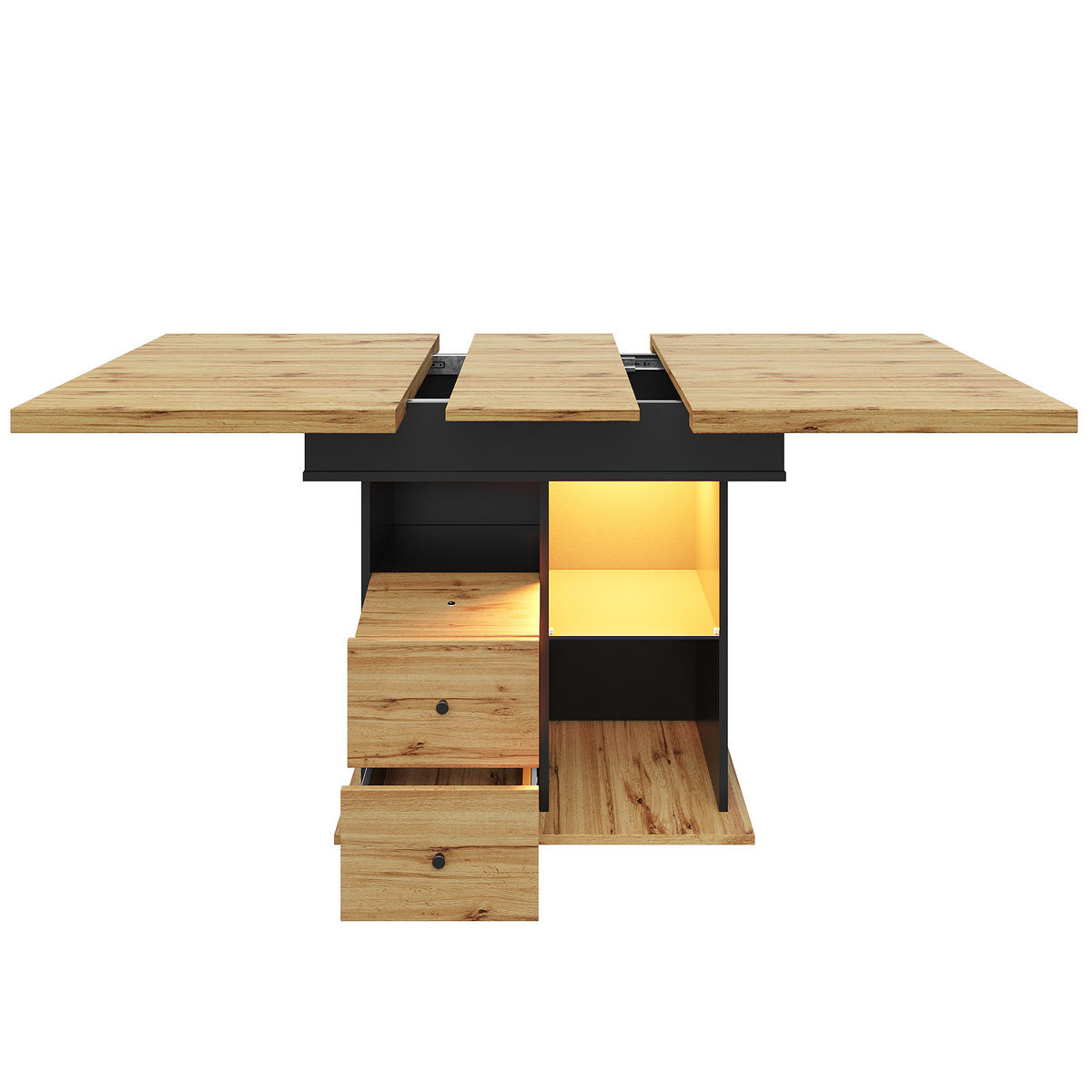 ESSTISCH 110-140x80x75 cm in Natur und Schwarz aus MDF mit LED-Beleuchtung ausziehbar - Naturfarben, Holzwerkstoff (140/80/75cm) - Modfu