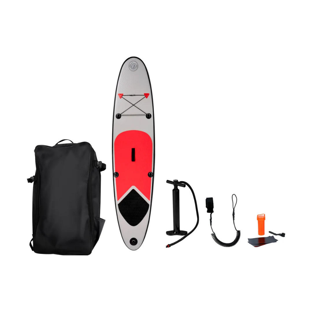 SURFBOARD Aufblasbar 243 cm SUP Board Mit Tasche Pumpe Finne Bis 100 kg - Rot/Schwarz, Kunststoff (243/57/7cm) - JUNG