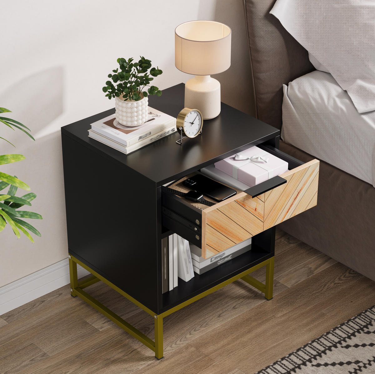 NACHTTISCH 43/40/55 cm mit Schublade & offenem Fach in Schwarz/Natur - Hellbraun, Holzwerkstoff (40/55/43cm) - BEAOK