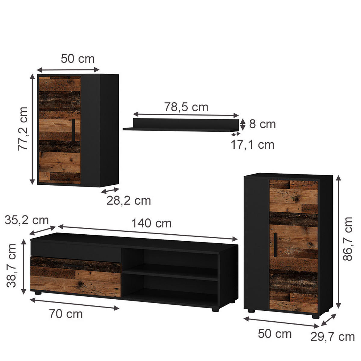 Wildeiche/Anthrazit, Holzwerkstoff (140/38.7/35.2cm) - Vicco
