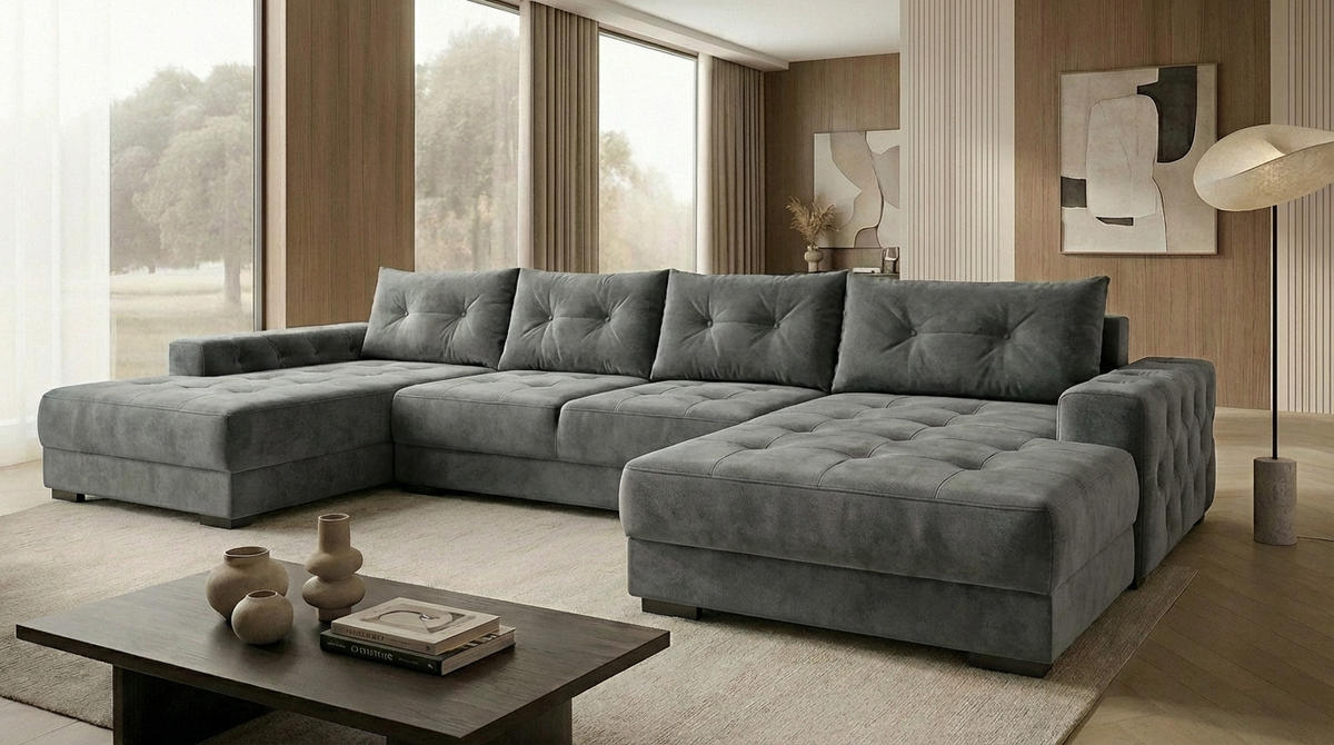 ECKSOFA MODENA 320 cm x 185 cm – Stoff: CASABLANCA Grau 14 Farbe: Grau - Grau, Textil (320/185cm) - A&J MöbelLand