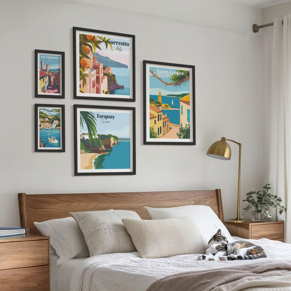 WANDBILDER 5er-Set - 50x50 cm & 20x30 cm & 40x60 cm Schwarzer Rahmen - Retro-Illustrationen von Weltstädten - Schwarz, Kunststoff (40/60cm) - ArtPrintCave