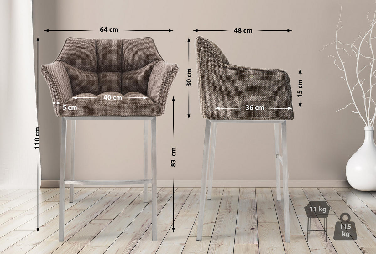 BARHOCKER 2er Set Stoff terrabraun - Edelstahlfarben/Dunkelbraun, Textil/Metall (64/110/48cm) - CLP