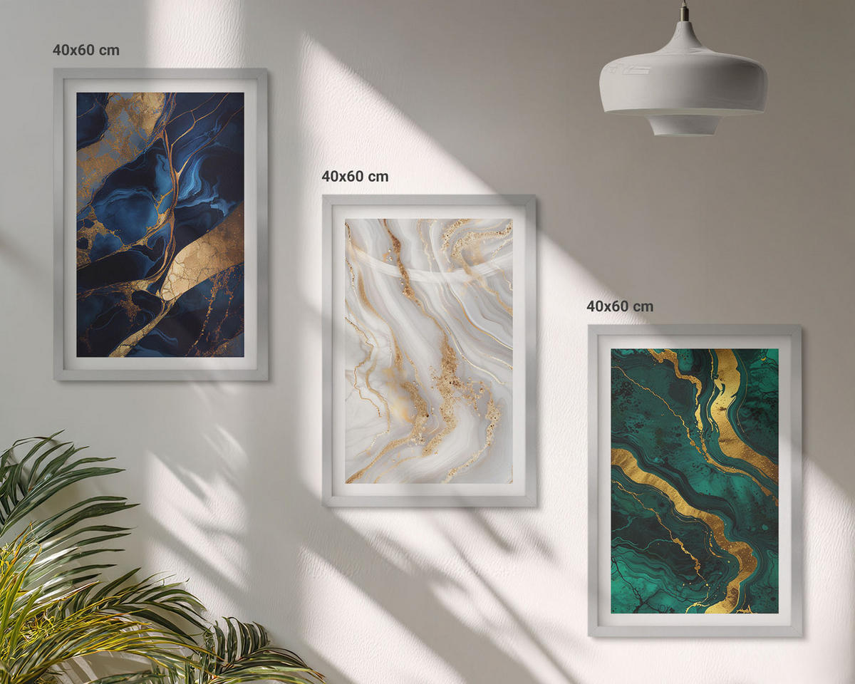 WANDBILDER 3er Set - 40x60 cm Silberner Rahmen - Abstrakte blaugrüne Muster - Silberfarben, Kunststoff (40/60cm) - ArtPrintCave