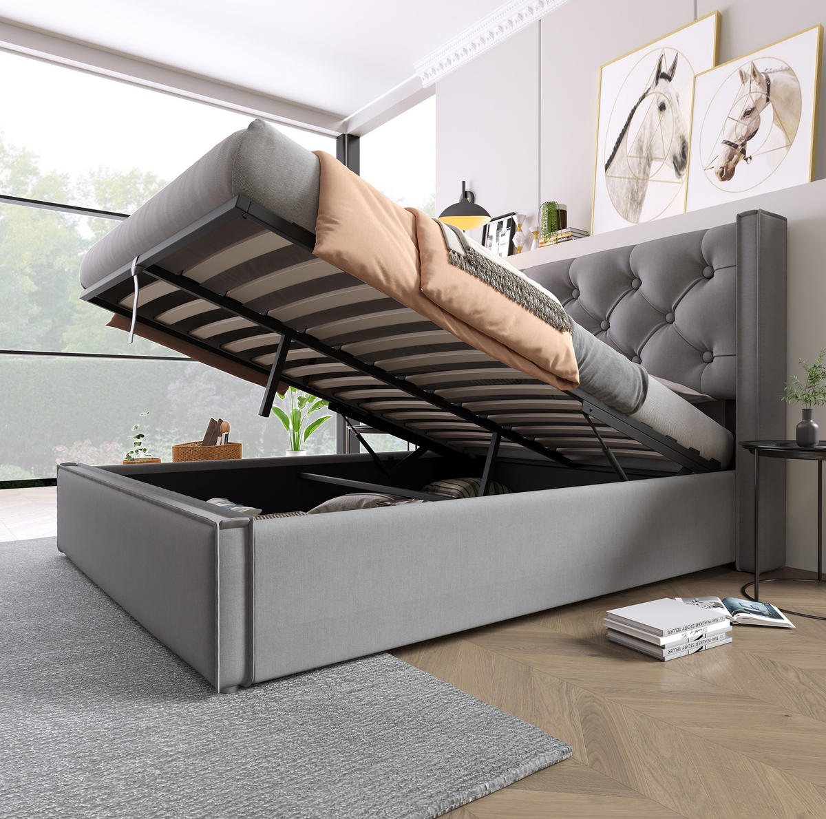 POLSTERBETT 140/200 cm mit hydraulischem Bettkasten, Lattenrost inkl., Grau - Grau, Textil (140/200cm) - Redom