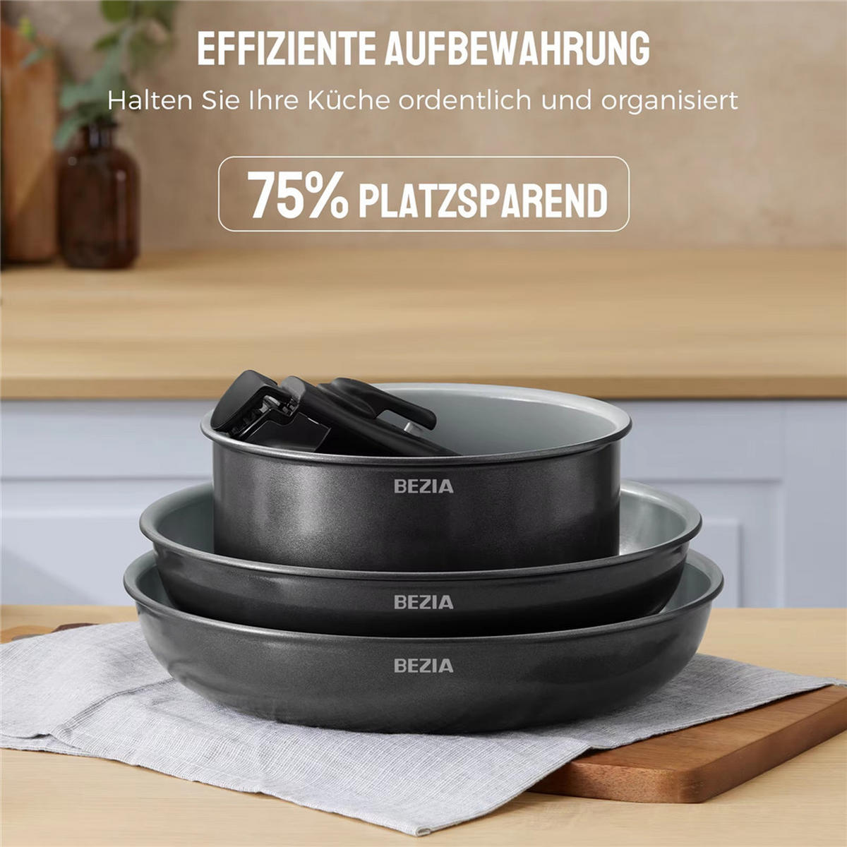 PFANNENSET Abnehmbarer Griff Keramik Induktion Antihaft - Schwarz, Keramik - Kaket