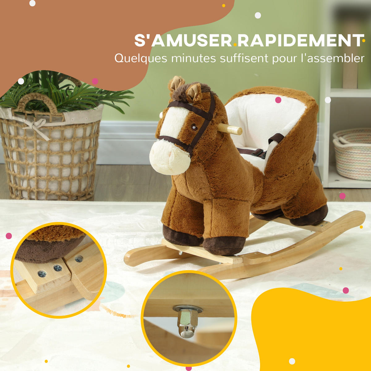 SCHAUKELPFERD DE-18252 mit Soundeffekt, Holzgestell und Sicherheitsgurt - Braun, Holz (33/45/68cm) - ComfortXL