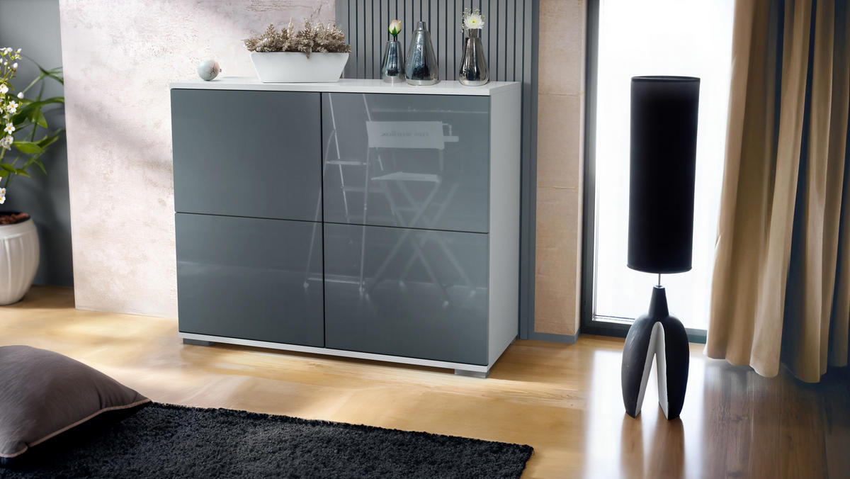 KOMMODE Rova Grau Hochglanz - Grau, Holzwerkstoff (92.5/75.5/35cm) - Vladon