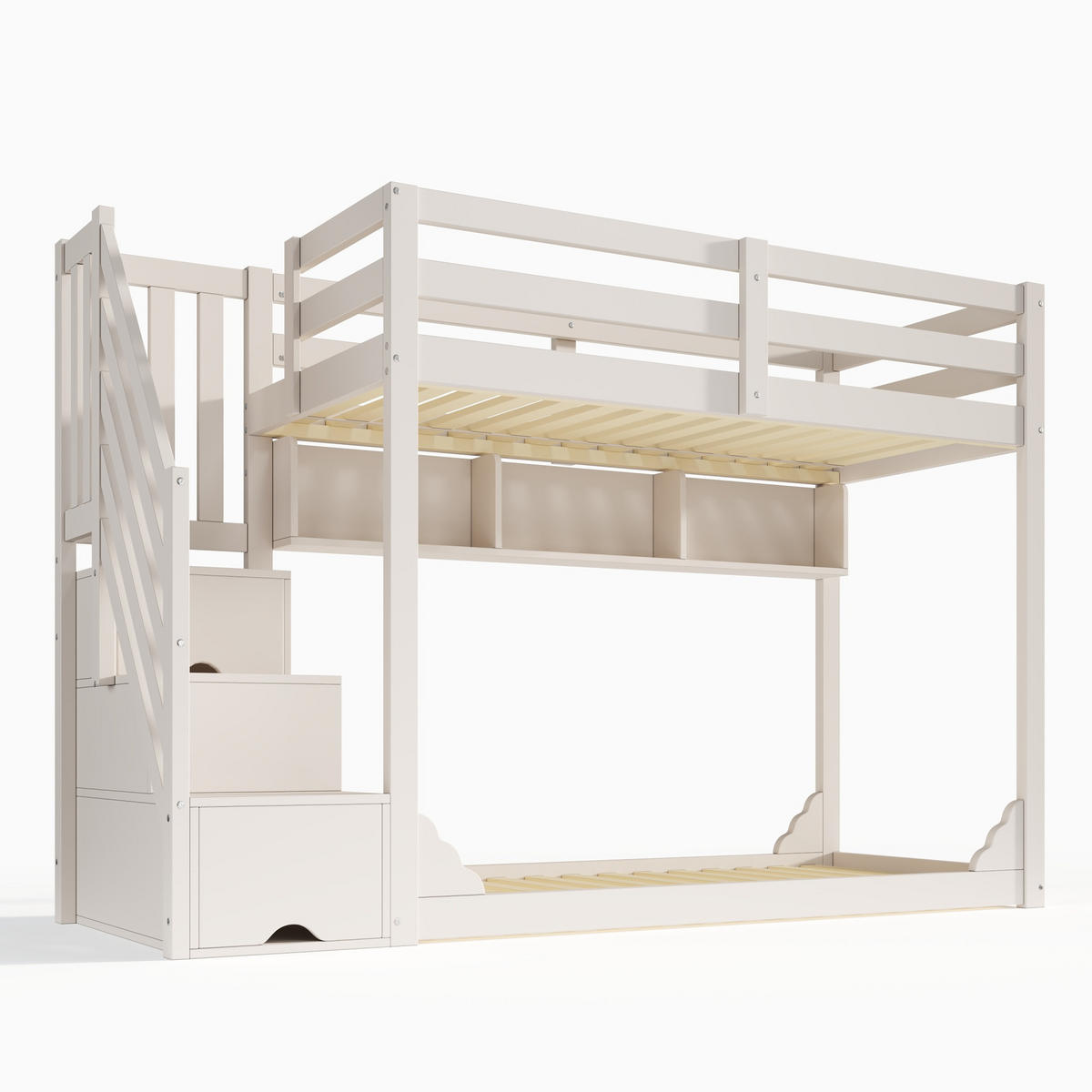 ETAGENBETT aus Kiefernholz 90x200 cm Weiß mit Treppenschrank, Stauraum und Sicherheitsgeländer - Weiß, Holz (90/200cm) - IVMEU