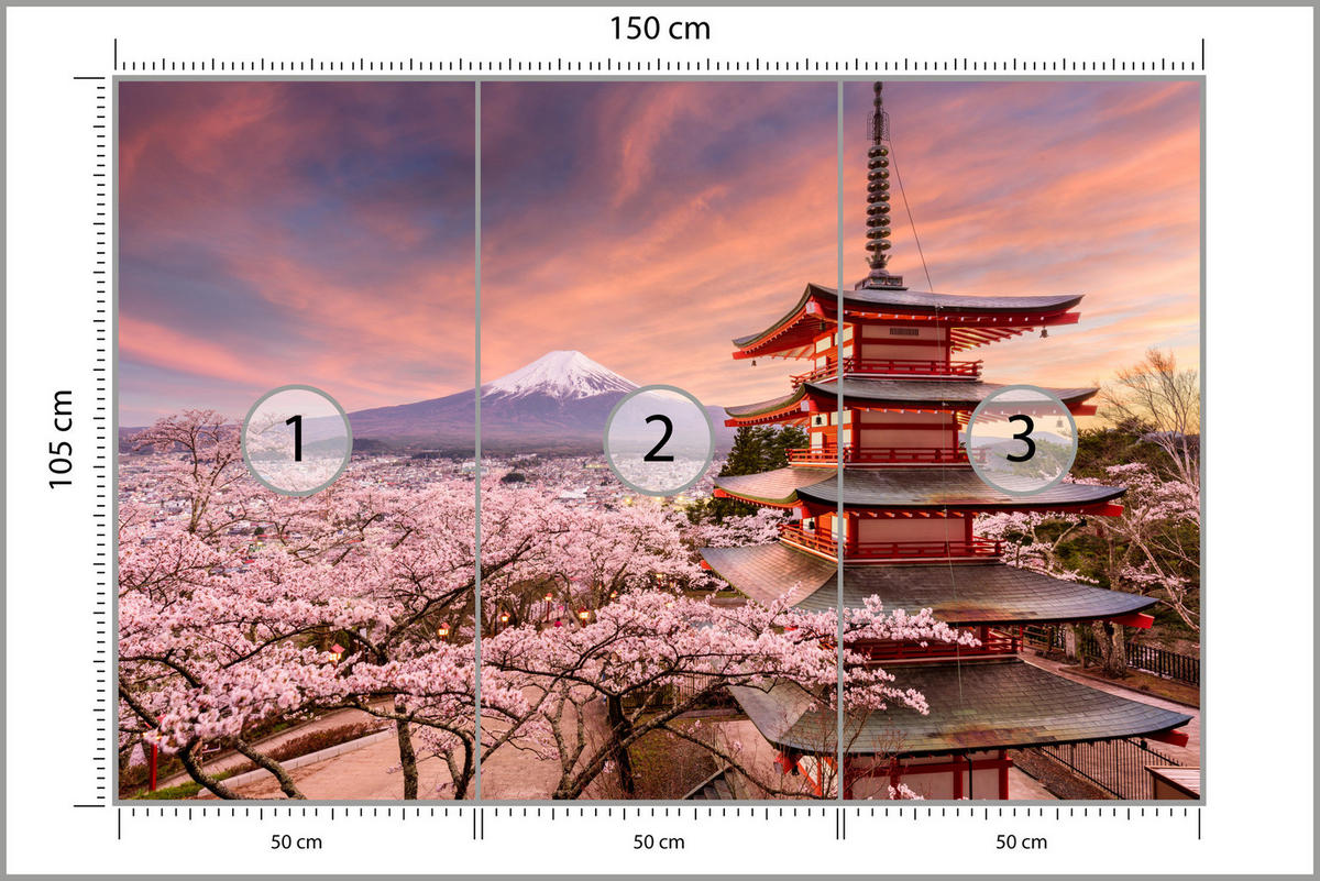 FOTOTAPETE Pagode Berg Fuji Sakura Landschaft 3D 150x105 - Rot/Violett, Papier (150/105cm) - Muralo