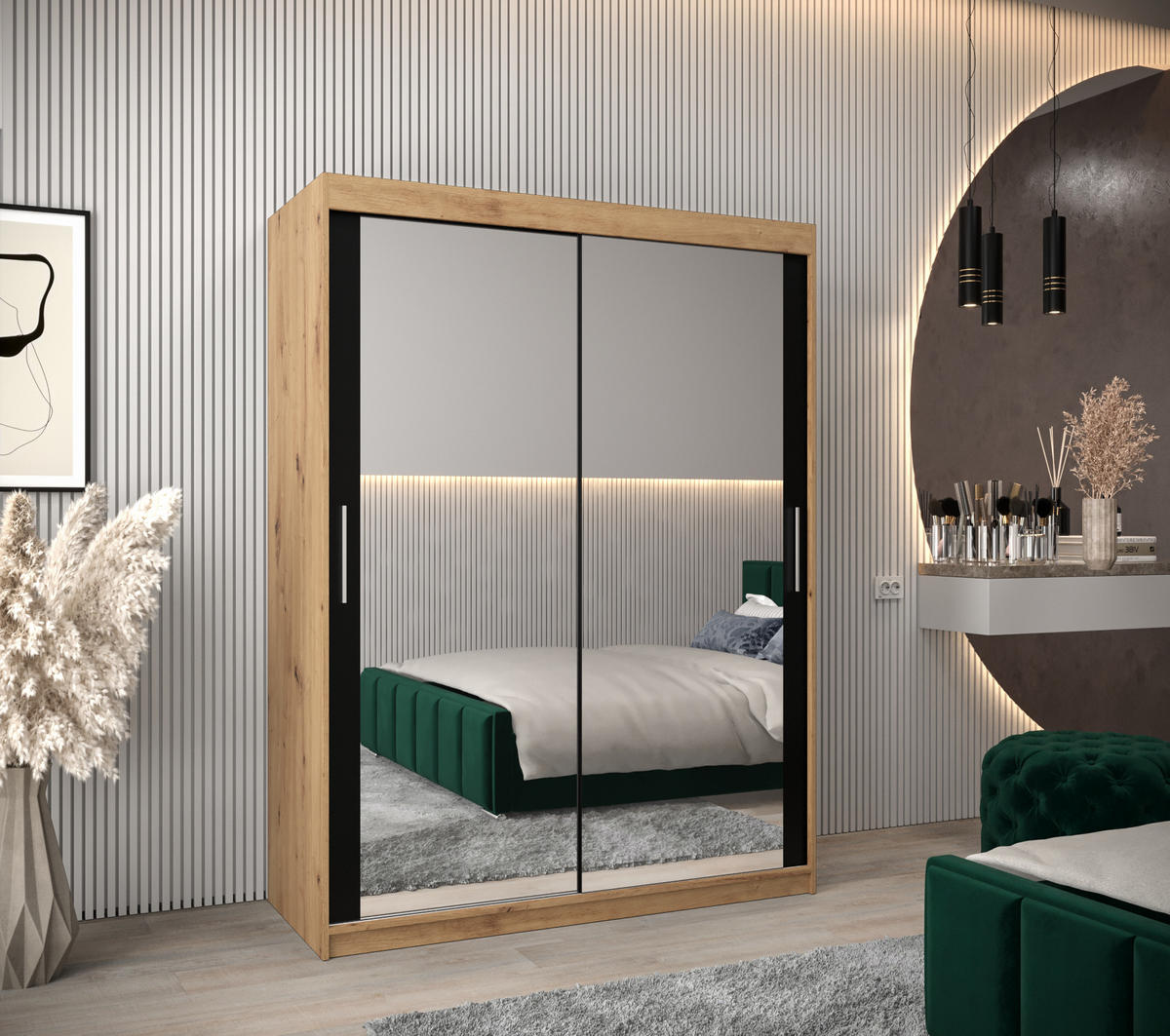 SCHWEBETÜRENSCHRANK 200/150/62 2-türig - Silberfarben/Schwarz, Holz/Kunststoff (150/200/62cm) - Abiks Möbel