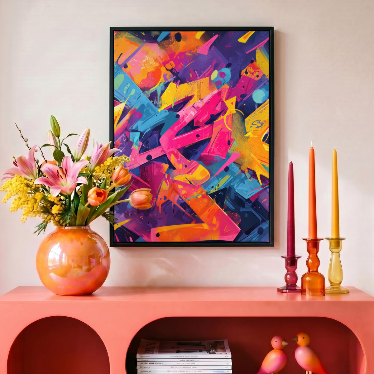 LEINWAND Bilder mit Rahmen - Abstrakt - Formen - Farbenfroh - 30x40 - Magenta, Textil (30/40cm) - MuchoWow