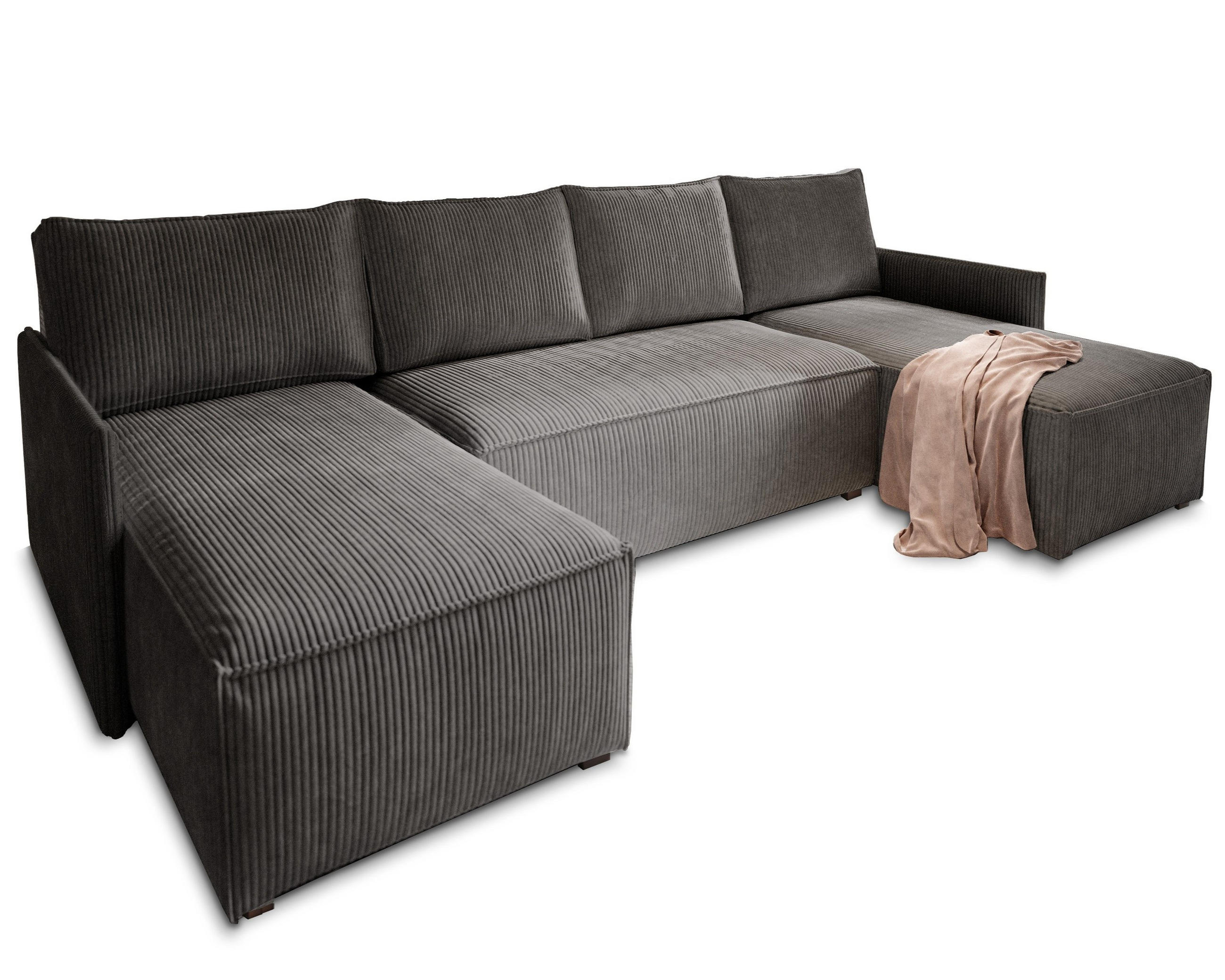 WOHNLANDSCHAFT TRES Graphitfarben Kordstoff mit Schlaffunktion - Graphitfarben, Holz (271/85/140cm) - MASSENO