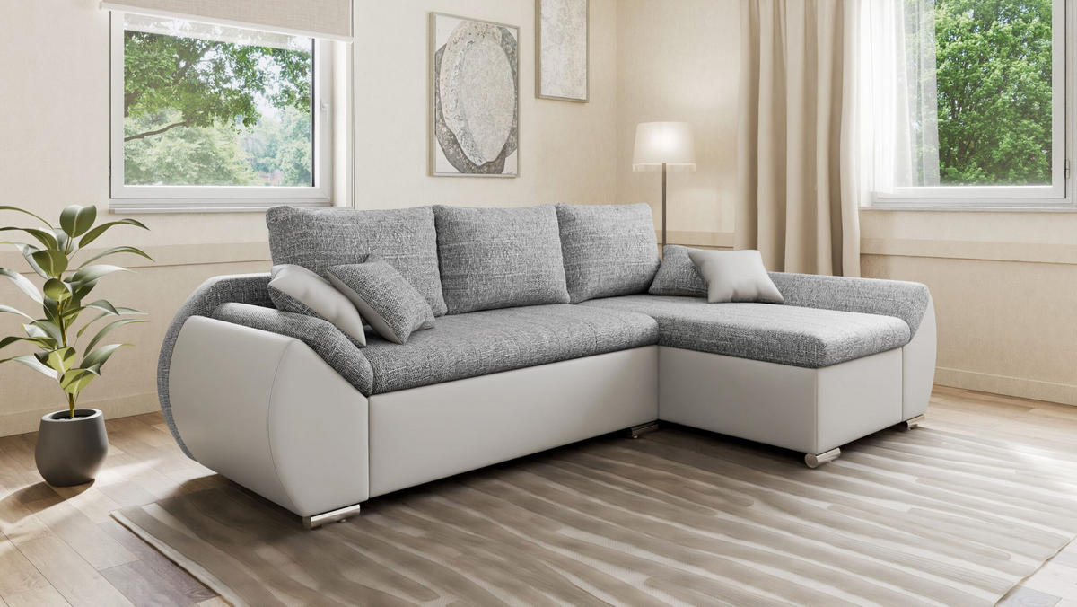 ECKSOFA - ALEX – Grau + Weiß (Lawa 05 + Soft 17) - Rechts - Weiß, Holzwerkstoff/Metall (275/155cm) - Möblo